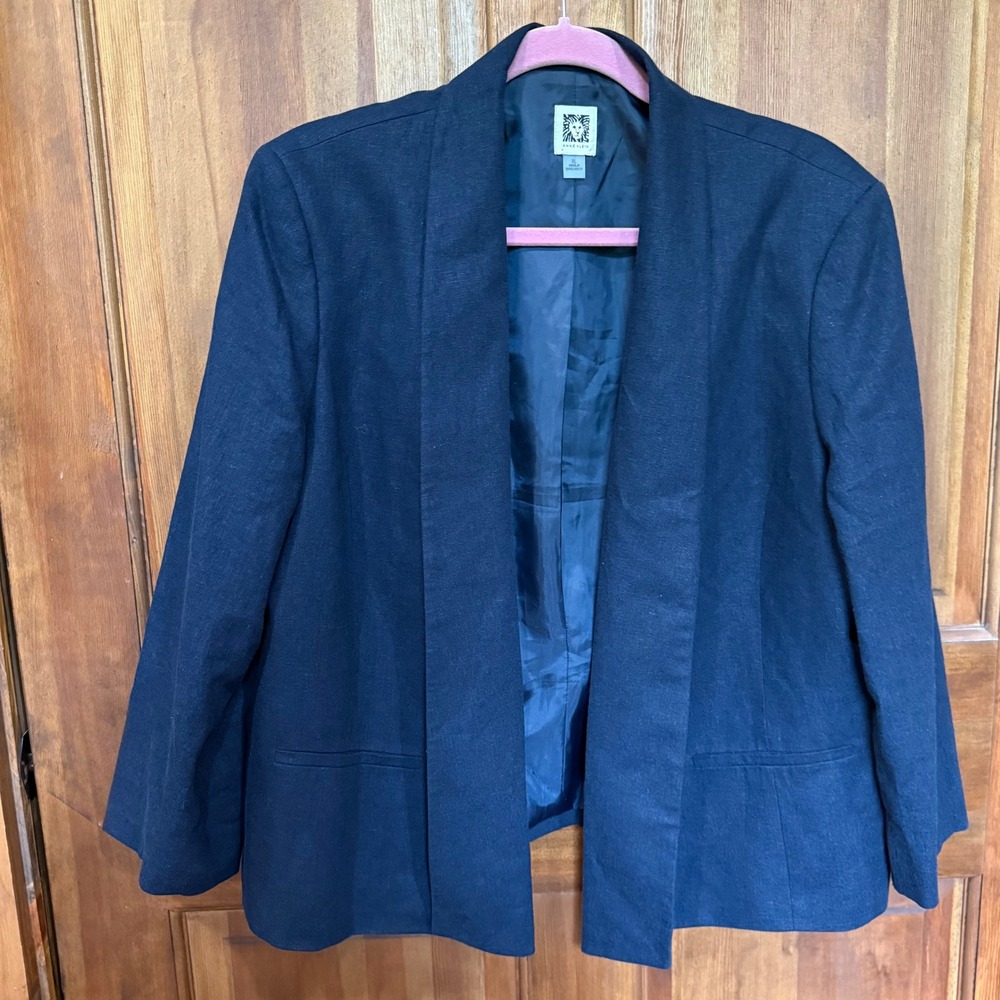 Anne Klein Womens XL Navy Blue Linen Blend Open Front Blazer Jacket Lined